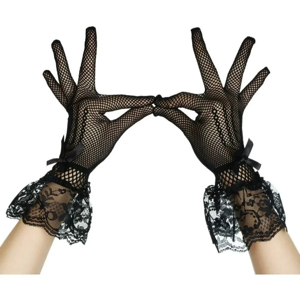 Women's B-Black Bow Lace Elegant Wrist Gloves Ruffle Bridal Wedding Party Prom